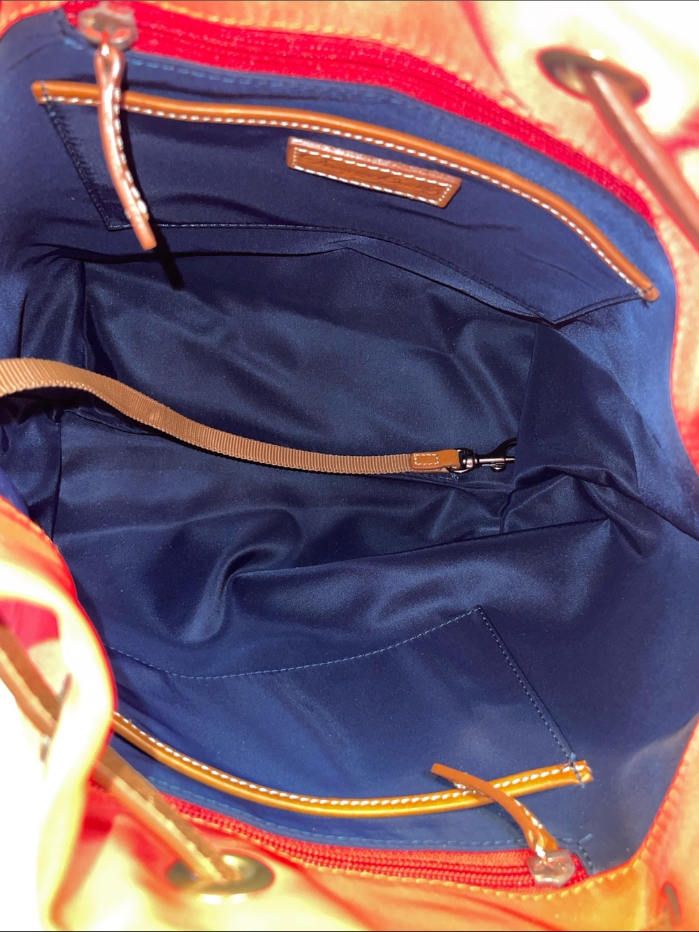 Dooney & Bourke Kade Large Drawstring Bucket Bag Red Nylon Leather Trim - Picture 8 of 9